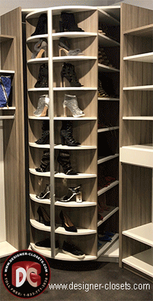 Light Wood Rotating Lazy Lee Shoe Tower Stocked with Heels - Designer Closets & Cabinets, Central Florida