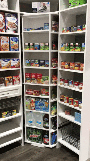 White Lazy Lee Corner Pantry Tower Stocked with Canned Goods - Designer Closets & Cabinets, Central Florida